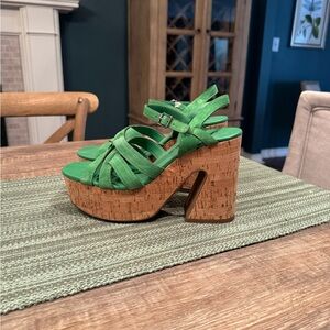 Free People Green Suede Cork Wedge Sandals